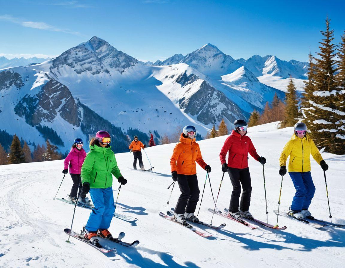 A breathtaking winter landscape with vibrant snow-covered mountains under a clear blue sky. In the foreground, a diverse group of joyful people engaged in recreational skiing and snowboarding, showcasing various skills and laughter. Include colorful ski gear reflecting the fun and excitement of these activities, with snowflakes gently falling around them. The scene should exude warmth and happiness amidst the chill of winter. super-realistic. vibrant colors. dynamic composition.