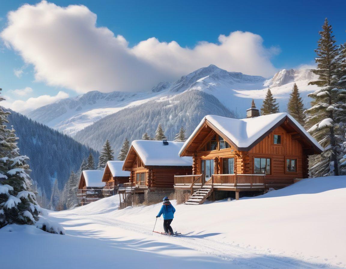 A lively winter scene showcasing people joyfully skiing and snowboarding down a snowy mountain, with bright blue skies and fluffy white clouds. Include cheerful expressions, colorful winter gear, and glistening snowflakes falling around them. The backdrop features snow-covered pine trees and a cozy lodge peeking through, exuding warmth and happiness. Capture the essence of winter fun and adventure. super-realistic. vibrant colors. crisp details.